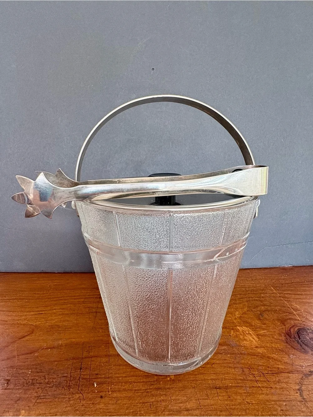 Glass Ice Bucket with Silver-toned Handle and silver-plated Tongs